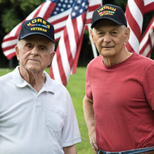 stock image of two male veterans outside with American flags waving in the background.